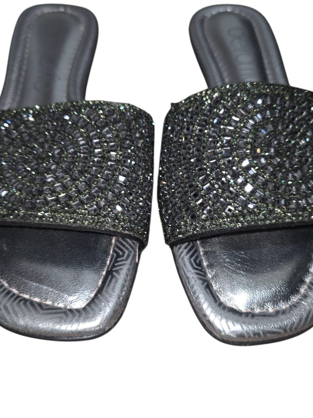 Beira Rio Black Rhinestone Slide Sandals Metallic Silver Footbed Size 6